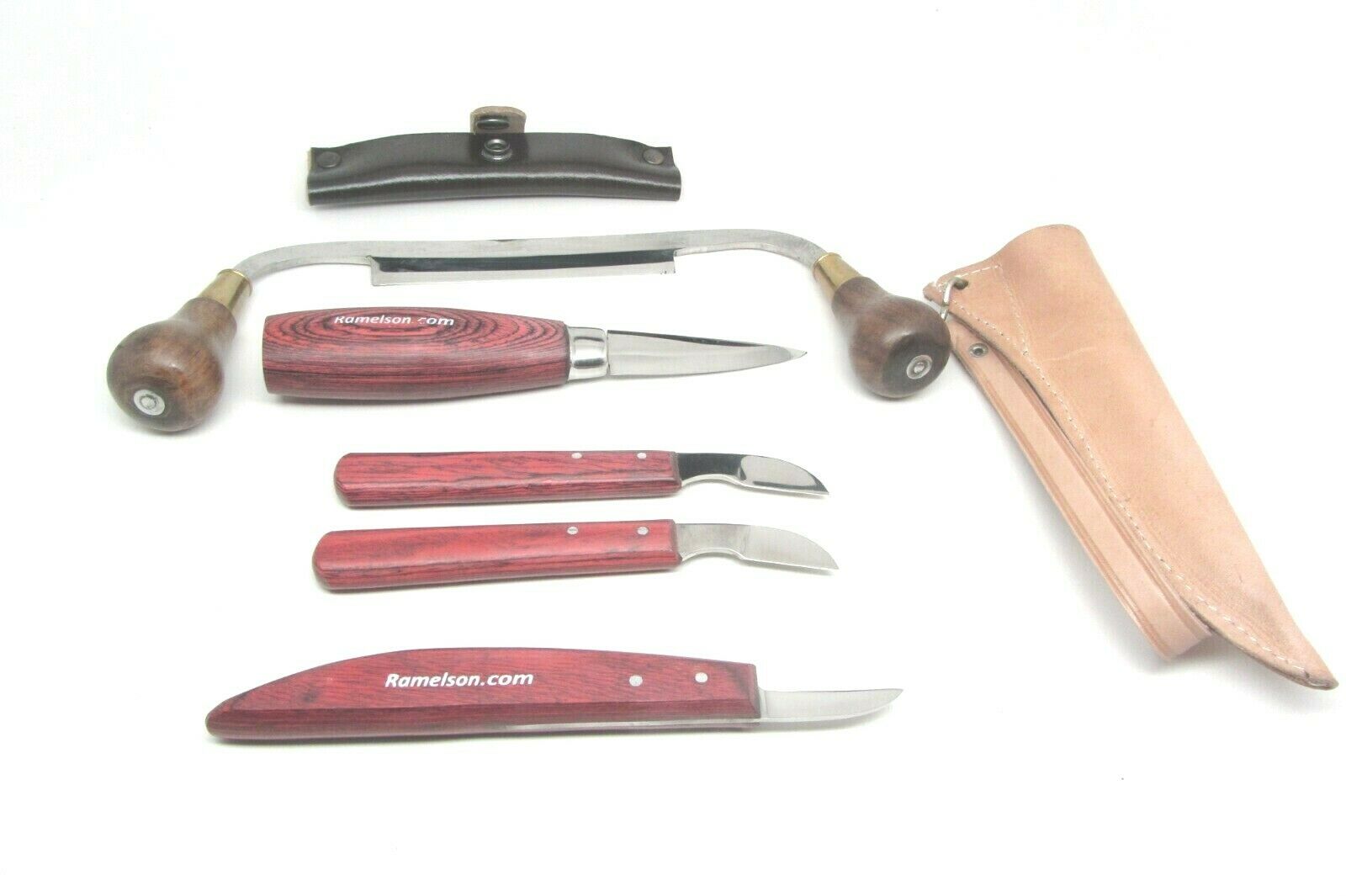 Five-piece knife set from UJ Ramelson that includes a Sloyd carving knife, two whittling knives, a bench knife, and a draw knife.