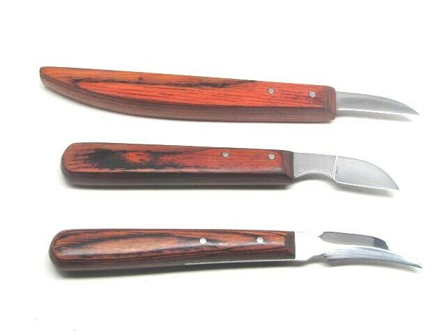 Three-piece UJ Ramelson carving knife set with a chip carving knife, roughing knife, and a whittling knife.